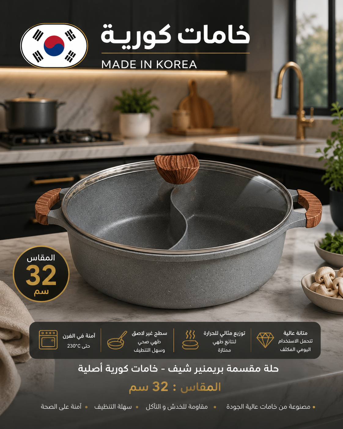 حلة مقسمة 32 سم جرانيت – خامات كورية أصلية | طهي مزدوج بدون خلط