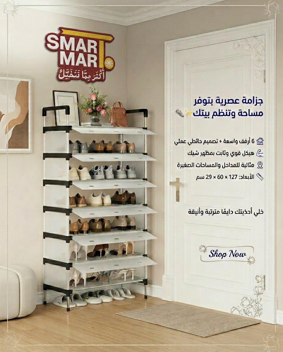 رفوف تخزين أحذية عصرية يُثبت على الحائط، أرفف معدنية بيضاء بستة طبقات مع دعامات سوداء، منظم عرض للدرج